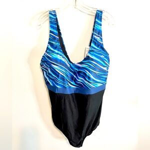 NWT Aquamore Tank Style 1 Piece Swimsuit Blue/Black Size 24W
